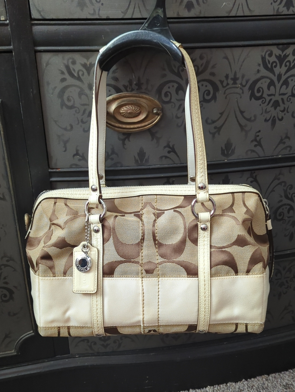 Coach Khaki Signature Canvas Satchel / Shoulder Bag w/ COA